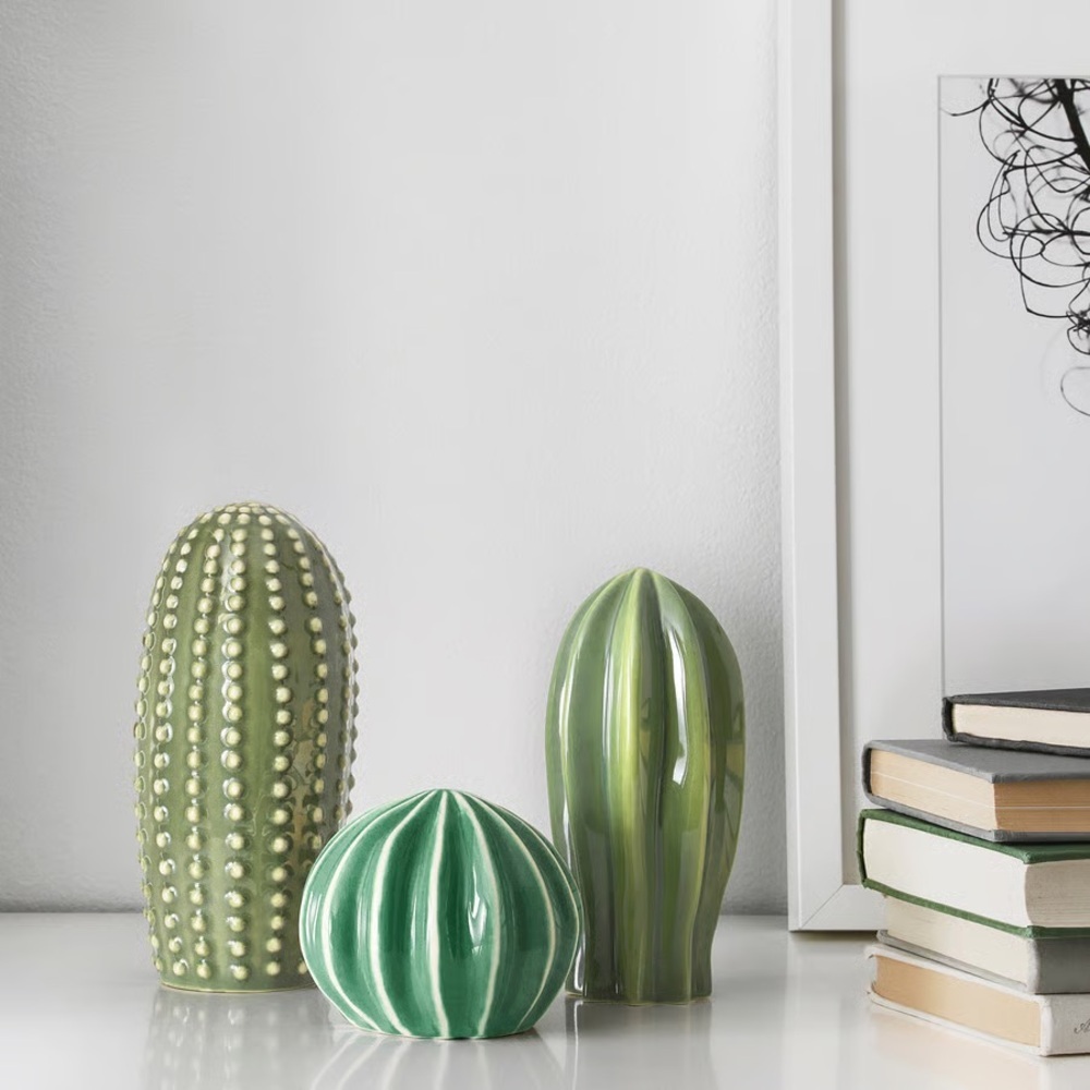 IKEA Green Ceramic Cactus Decor Set SJÄLSLIGT Decoration, set of 3, green